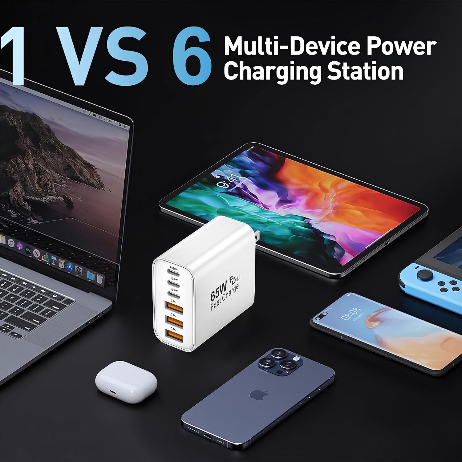 USB C Charger Block,65W 6-Port Multi Device Fast Charger PD QC Wall Adapter - Image 7