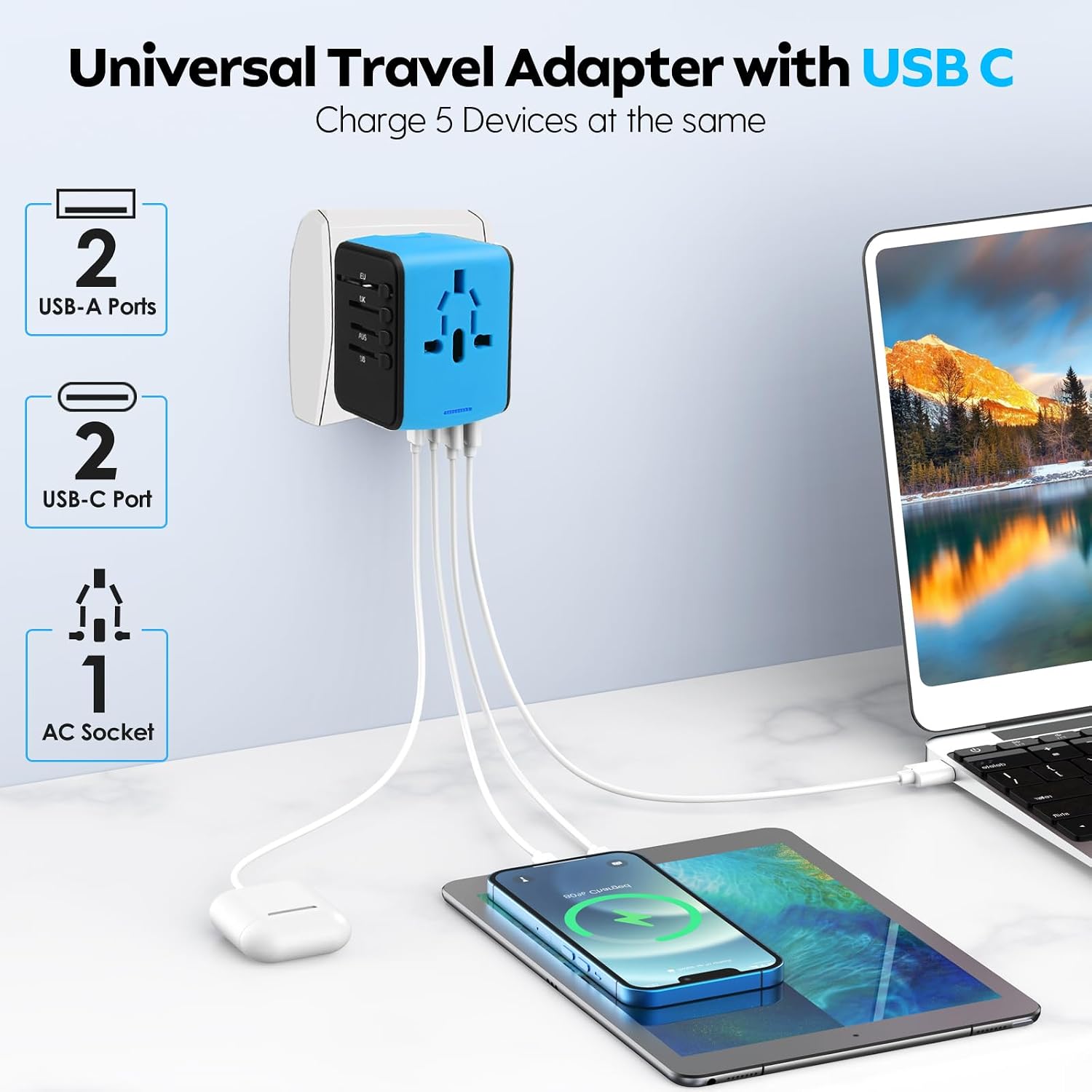 JMFONE Universal Travel Adapter, 2 USB-C & 2 USB-A Ports, 2500W AC Outlet - Image 2