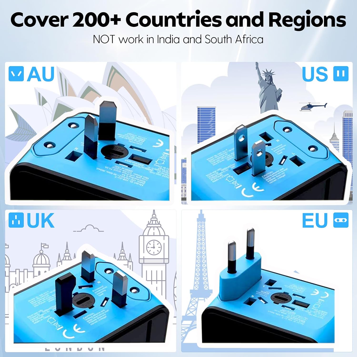 JMFONE Universal Travel Adapter, 2 USB-C & 2 USB-A Ports, 2500W AC Outlet - Image 5
