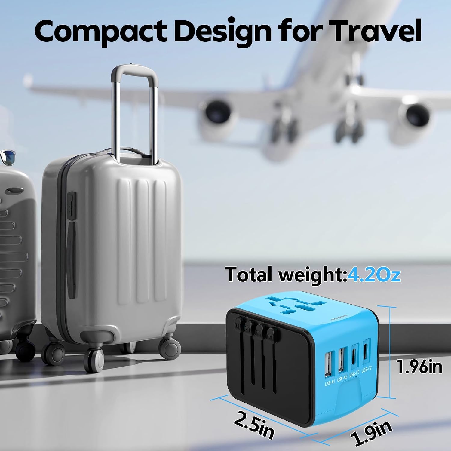 JMFONE Universal Travel Adapter, 2 USB-C & 2 USB-A Ports, 2500W AC Outlet - Image 6