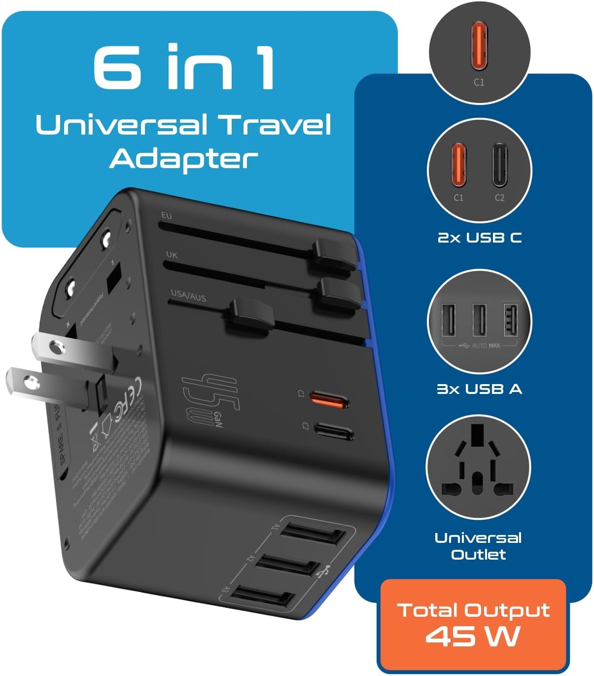Ceptics 45W Universal Travel Adapter w/ 3 USB-A, 2 USB-C & Universal Input - Image 2
