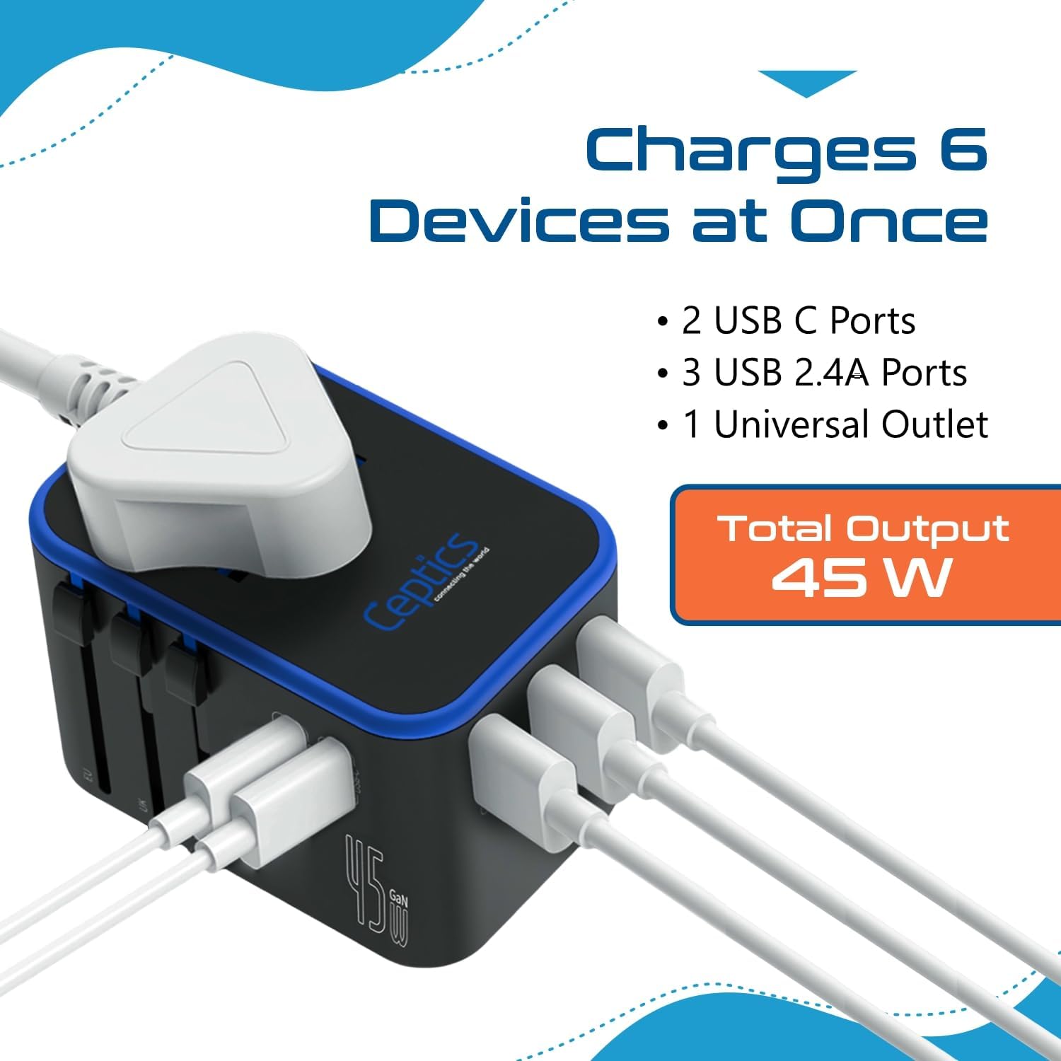 Ceptics 45W Universal Travel Adapter w/ 3 USB-A, 2 USB-C & Universal Input - Image 4
