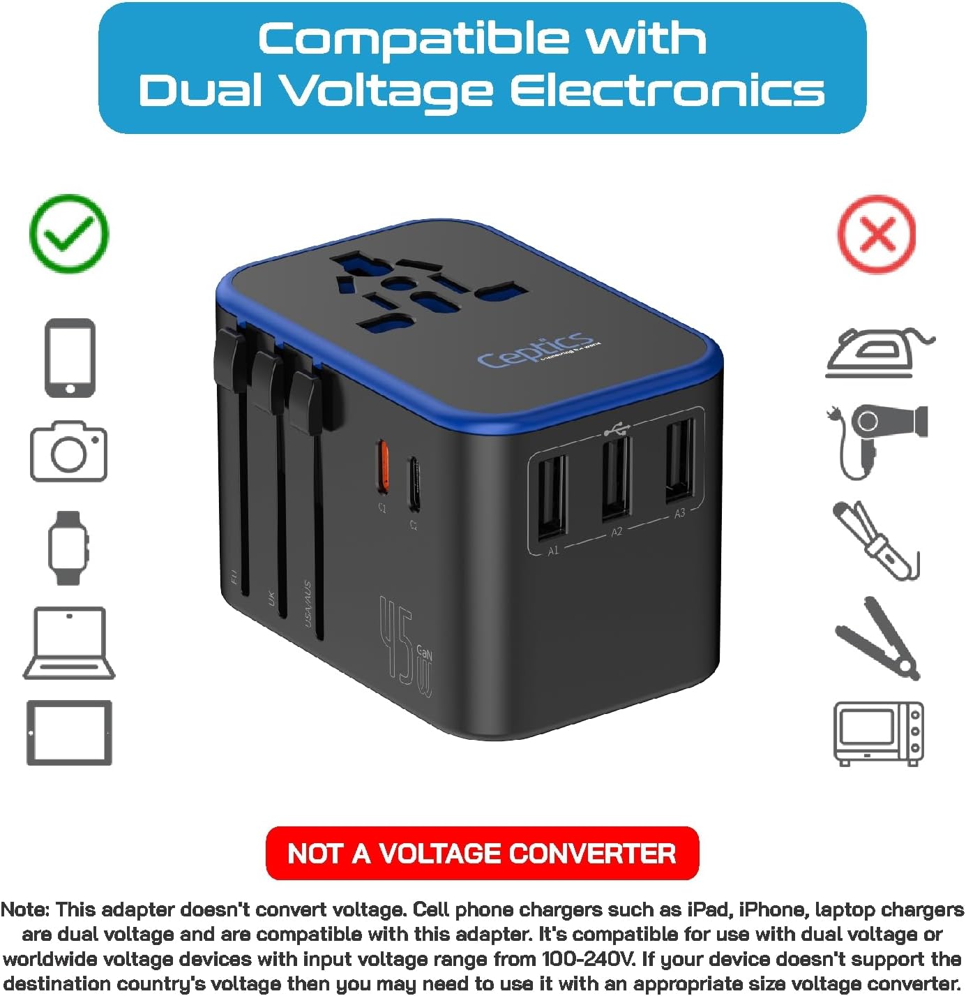 Ceptics 45W Universal Travel Adapter w/ 3 USB-A, 2 USB-C & Universal Input - Image 5