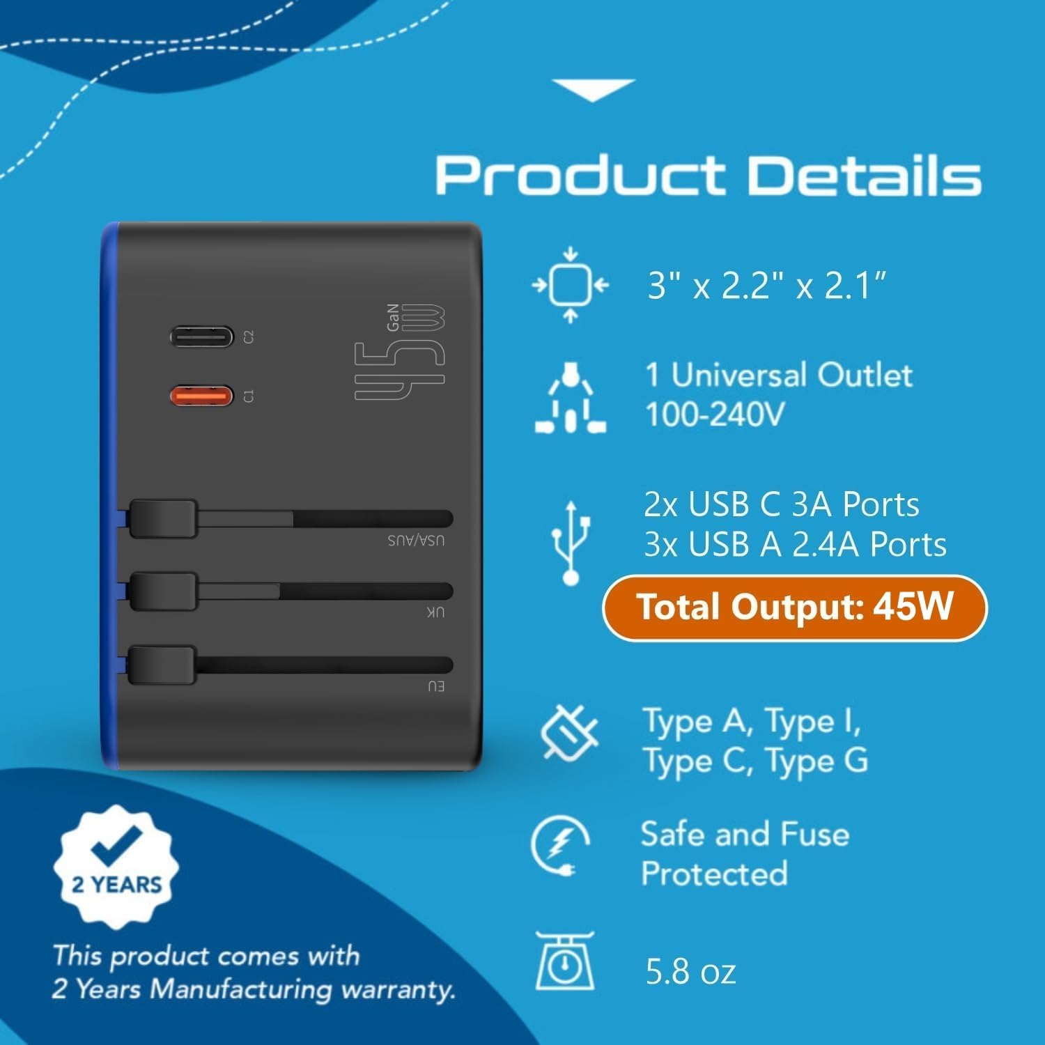 Ceptics 45W Universal Travel Adapter w/ 3 USB-A, 2 USB-C & Universal Input - Image 7