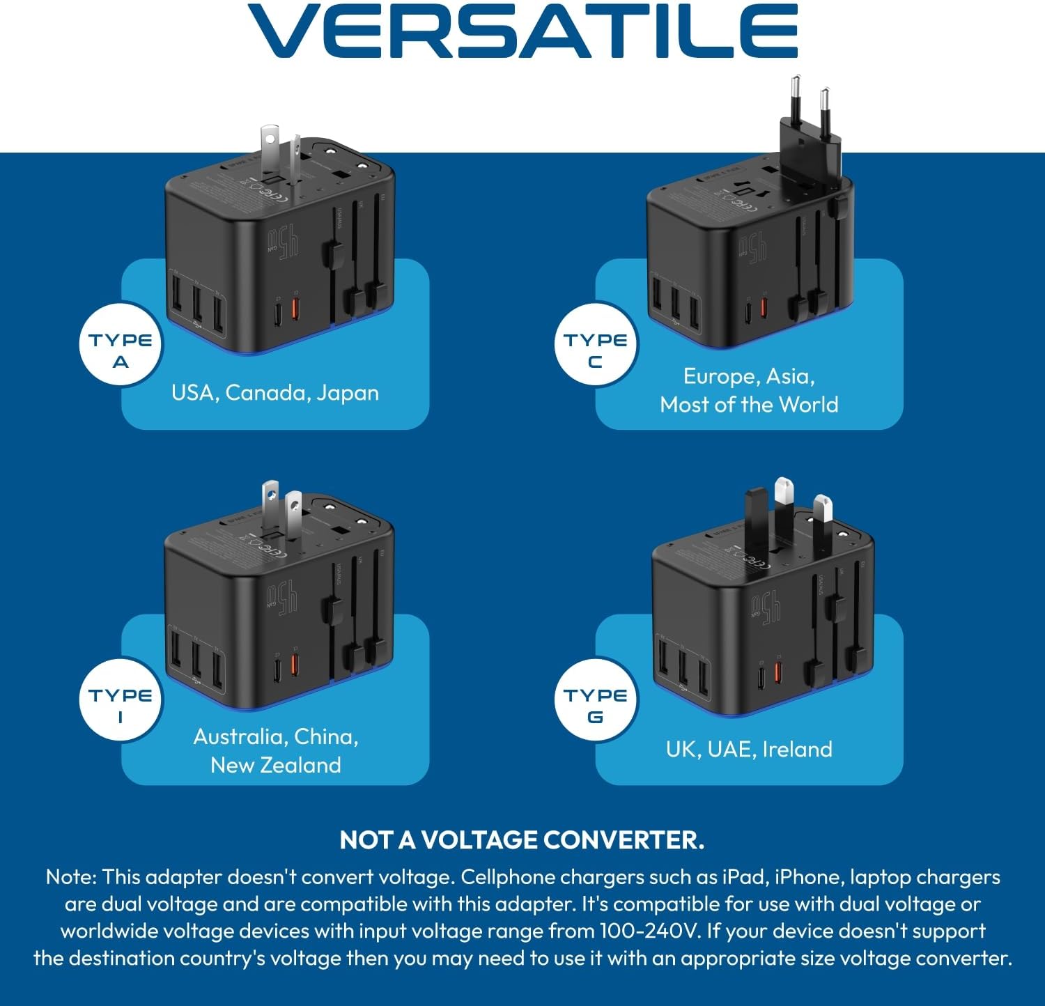Ceptics 45W Universal Travel Adapter w/ 3 USB-A, 2 USB-C & Universal Input - Image 8