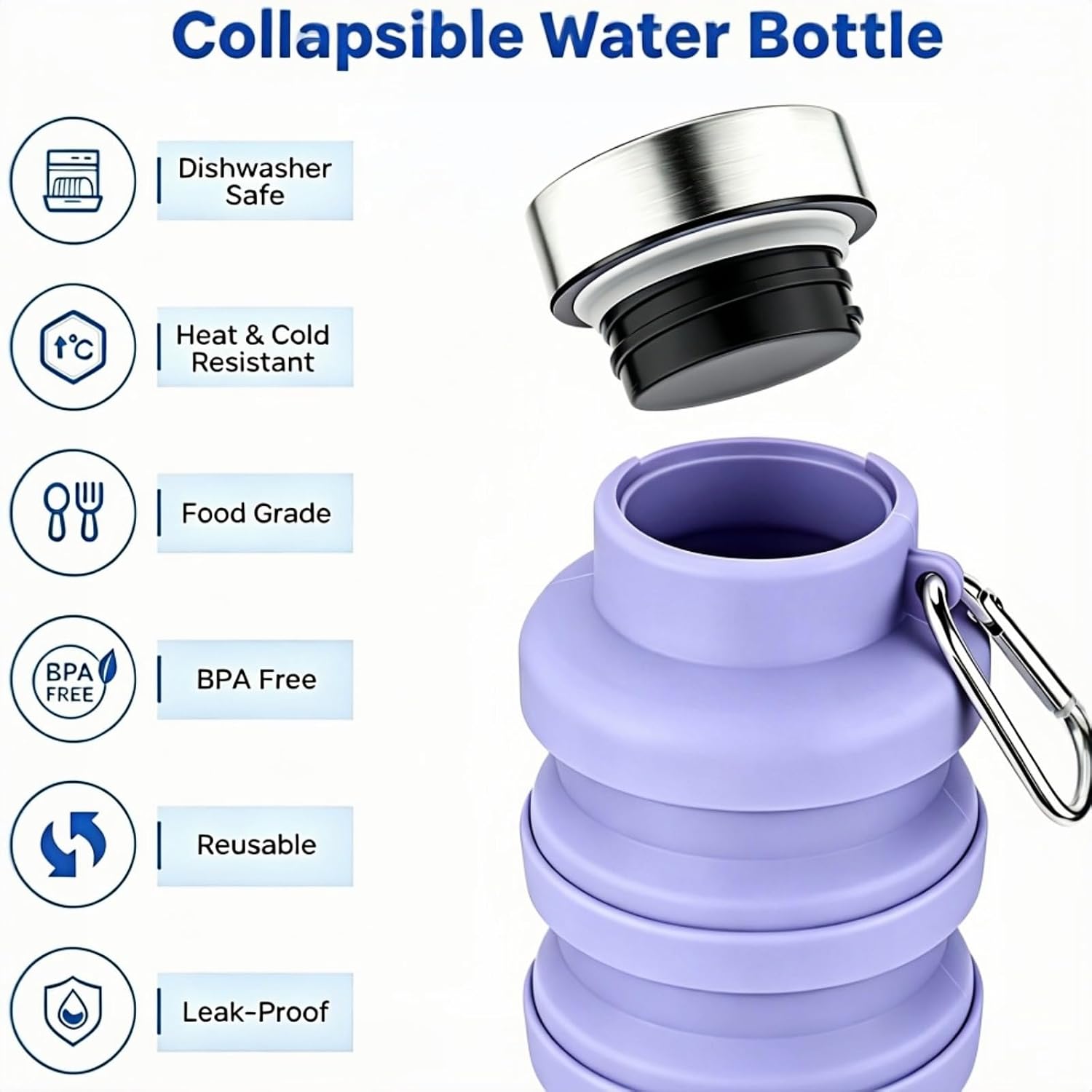 YCT Collapsible Water Bottle 17oz(500ml),Travel Portable Sport Water Bottle,Reusable Silicone Foldable Water Bottles for Gym Camping Hiking (Purple+Black) - Image 4
