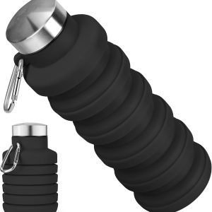 Collapsible Water Bottle, 16oz Portable Reusable Silicone Water Bottle with Carabiner for Gym, Travel, Camping, Hiking, Sports, Lightweight, BPA-Free, Leak-Proof, Foldable Design, Black