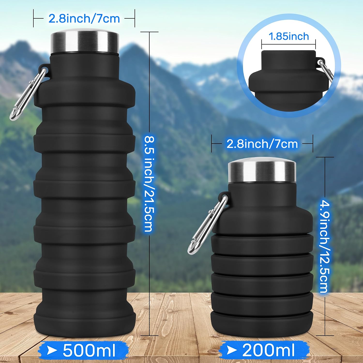 Collapsible Water Bottle, 16oz Portable Reusable Silicone Water Bottle with Carabiner for Gym, Travel, Camping, Hiking, Sports, Lightweight, BPA-Free, Leak-Proof, Foldable Design, Black - Image 2