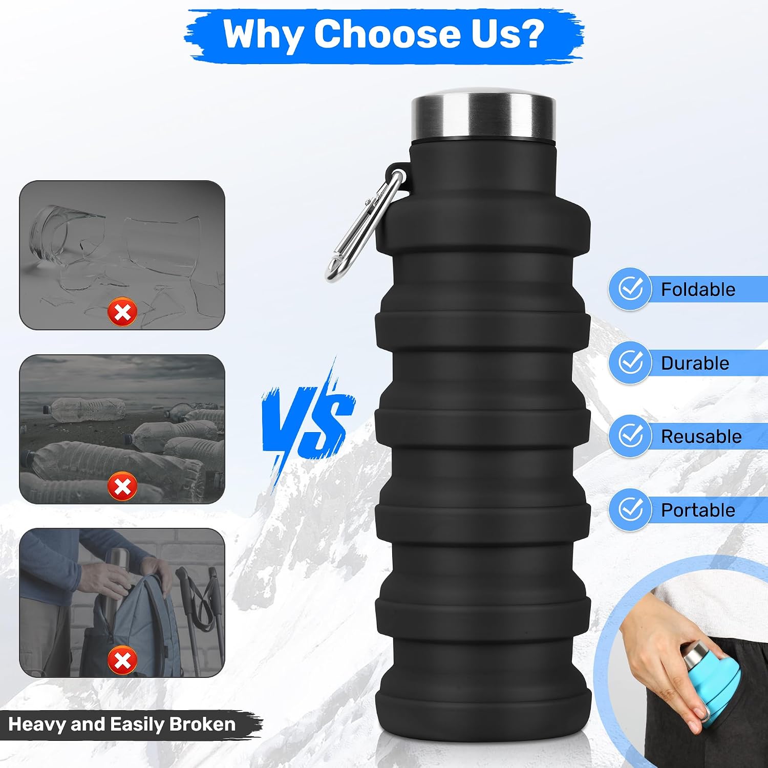 Collapsible Water Bottle, 16oz Portable Reusable Silicone Water Bottle with Carabiner for Gym, Travel, Camping, Hiking, Sports, Lightweight, BPA-Free, Leak-Proof, Foldable Design, Black - Image 4