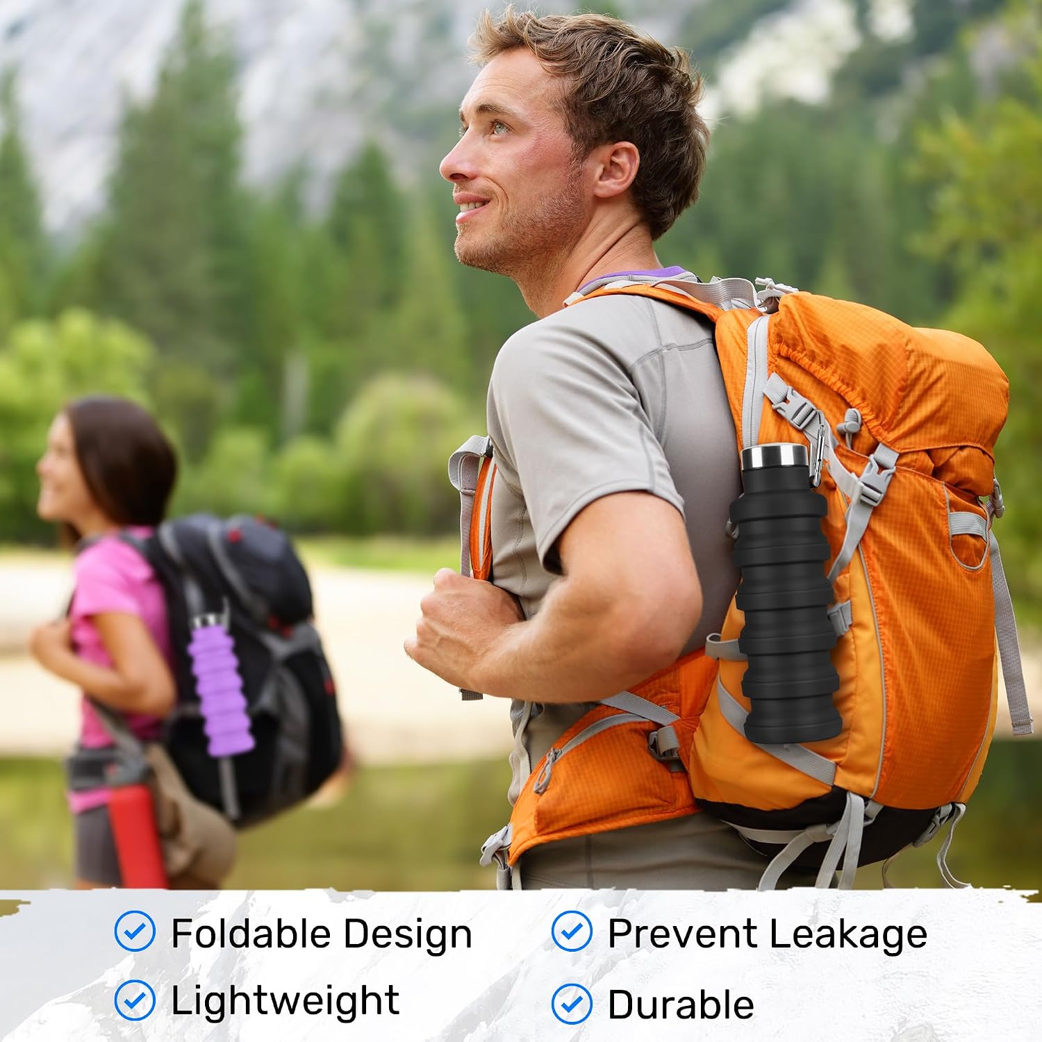 Collapsible Water Bottle, 16oz Portable Reusable Silicone Water Bottle with Carabiner for Gym, Travel, Camping, Hiking, Sports, Lightweight, BPA-Free, Leak-Proof, Foldable Design, Black - Image 5