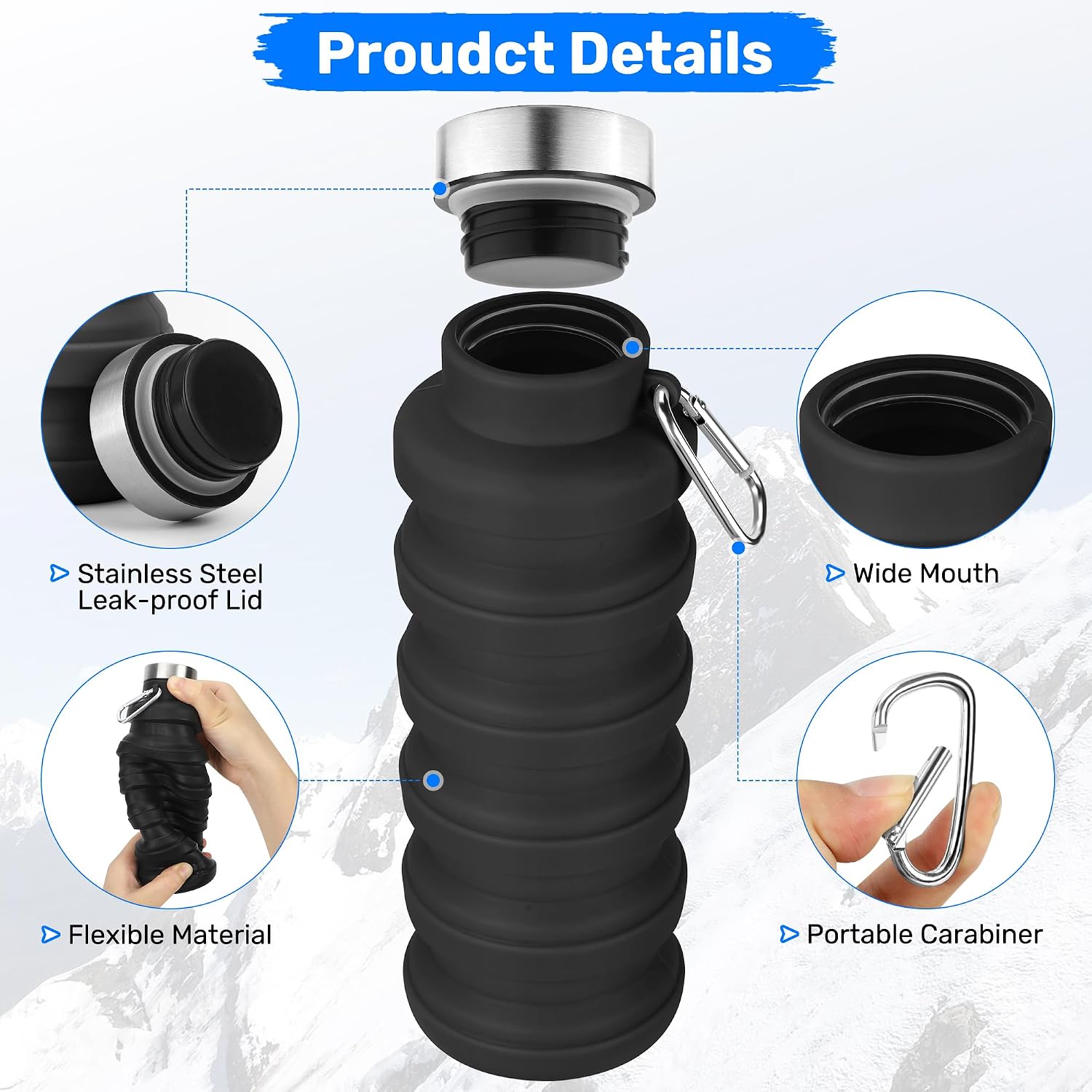 Collapsible Water Bottle, 16oz Portable Reusable Silicone Water Bottle with Carabiner for Gym, Travel, Camping, Hiking, Sports, Lightweight, BPA-Free, Leak-Proof, Foldable Design, Black - Image 7