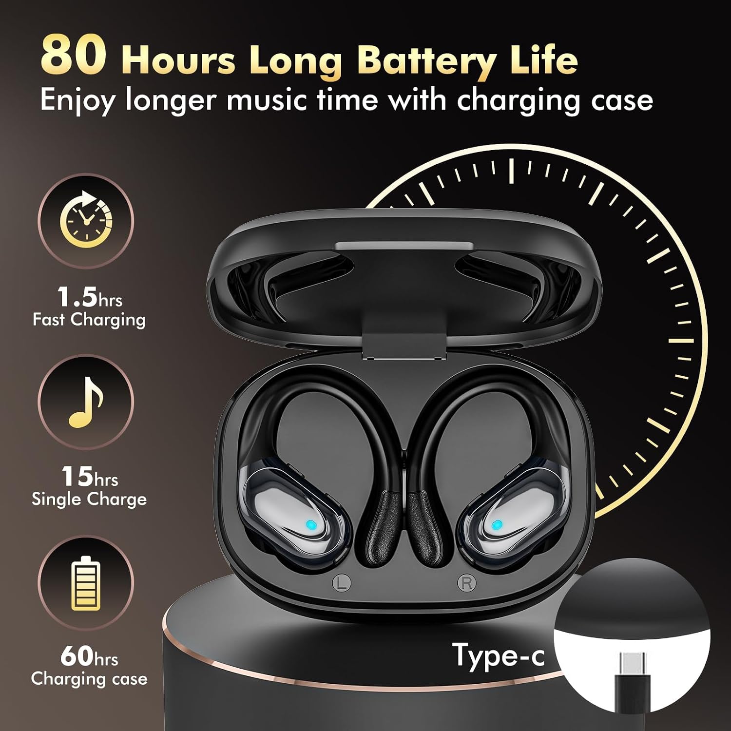 HAOYUYAN Wireless Earbuds, Sports Bluetooth Headphones, 80Hrs Playtime Ear Buds with LED Power Display, Noise Canceling Headset, IPX7 Waterproof Earphones for Workout/Running(Black) - Image 2